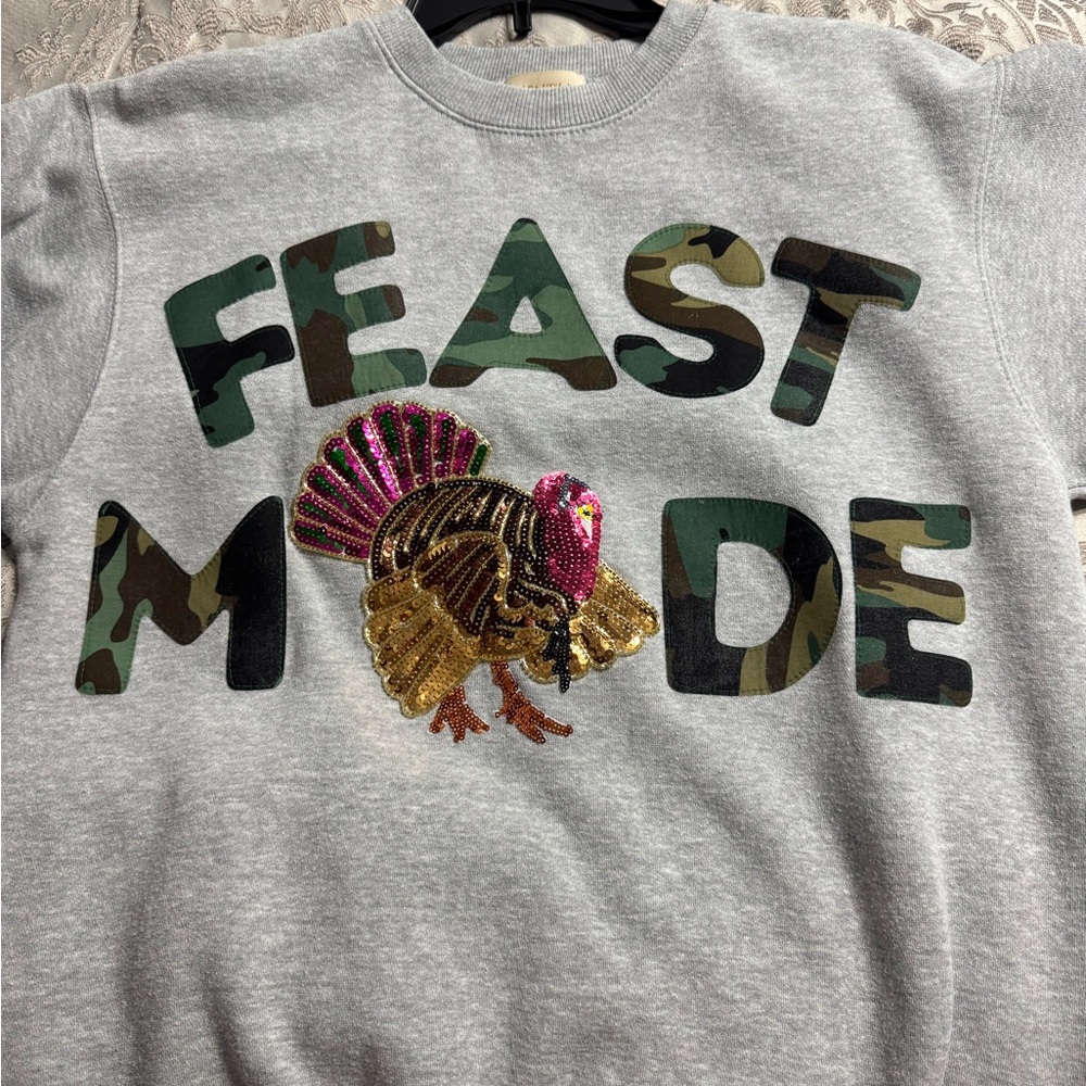 Judith March Gray Sweatshirt with Camo 'Feast Mode' and Sequin Turkey